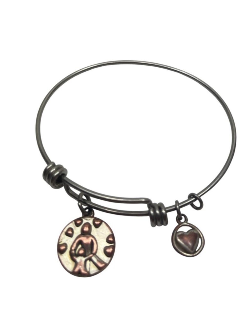 Mother & Child Charm Bangle Bracelet W/Heart Accents Adjustable Silver & Copper